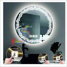 Resim Dnr-Mirror55 Cm Beyaz Ledli Tasarım Kumlamalı Dokunmatik Bluetoothlu Buğu Önleyicili Banyo Aynası Makyaj Ayna 