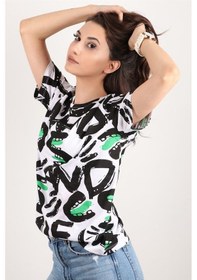 Resim Kadın Baskılı Bisiklet Yaka Oversize T-shirt Beyaz 