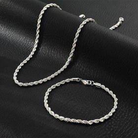 Resim 2'li Set Yeni Trend Bükülmüş Halat Zincir Kolye ve Bilezik Takımı, Gümüş Renk Paslanmaz Çelik Hip Hop Tarzı, Erkekler ve Kadınlar için Moda Takı 