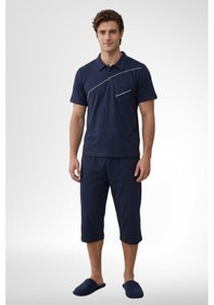 Resim Mecit Pijama Mecit 4007 Lacivert %100 Pamuk Büyük Beden Kapri Erkek Pijama Takımı 
