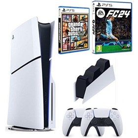 Resim Sony Playstation 5 Slim CD Edition - 2. Dualsense Ps5 Kol - Şarj İstasyonu - Fifa FC 24 + GTA 5 Oyun Konsolu (İthalatçı Garantili) 