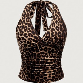 Resim Kadınların Leopar Desenli Seksi Üstü, Boyun Askısıyla 