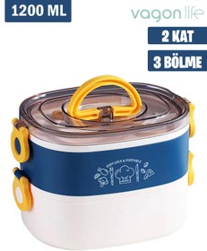 Resim Vagonlife 1200 ML İki Kat Üç Bölme Paslanmaz Çelik Bento Lunch Box Yeni Nesil Sefer Tası-ÇatallıKaşı 