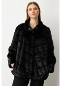 Resim Ekol Kadın Büyük Beden Metal Aksesuarlı Peluş Kaban 6305 Siyah Siyah 
