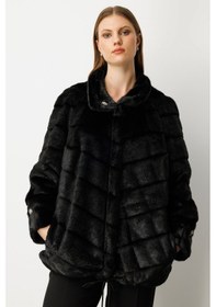 Resim Ekol Kadın Büyük Beden Metal Aksesuarlı Peluş Kaban 6305 Siyah Siyah 