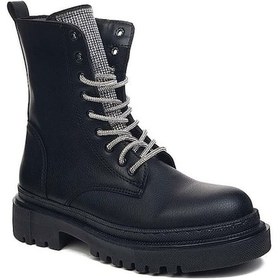 Resim Prego Poli Hafif Taban Taş Biye Detaylı Dikişli Fermuarlı Kadın Bot Siyah Siyah 