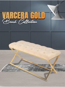 Resim Gazzini furniture Varcera Gold Bench Çapraz Metal Ayaklı Kapitoneli Model Krem Puf 