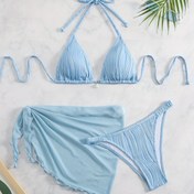 Resim QVR Kadınlar için Minimalist Düz Renk Üç Parça Bikini Seti, Kolye Bağcıklı Tasarım - Esnek Kumaş, Açık Mavi ve Beyaz Çizgiler, Plaj ve Havuz için Mükemmel, Plaj Bikini Seti|Minimalist Bikini|Esnek Kumaş 