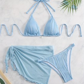 Resim QVR Kadınlar için Minimalist Düz Renk Üç Parça Bikini Seti, Kolye Bağcıklı Tasarım - Esnek Kumaş, Açık Mavi ve Beyaz Çizgiler, Plaj ve Havuz için Mükemmel, Plaj Bikini Seti|Minimalist Bikini|Esnek Kumaş 
