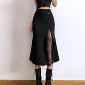 Resim Kadın Siyah Dantel Detaylı Yüksek Bel Bölünmüş Etek - Seksi Sırt Detaylı Tasarım, Ruched Detay, Yazlık Rahat Giyim İçin Mükemmel, Yazlık Rahat Giyim | Ruched Detaylı Etek | Dantel Detaylı 