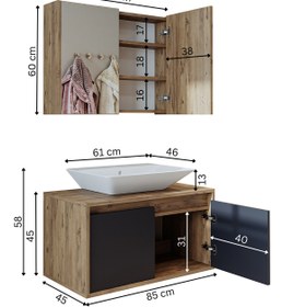 Resim ROOMART Tm7.2 Ahşap-antrasit Mdf 85 Cm Banyo Dolabı + Aynalı Banyo Üst Dolabı 