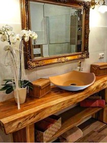 Resim YUNTA Bambu Liflerinden Ahşap Çanak Banyo Lavabo Tezgah Üstü Granit Kaplamalı 