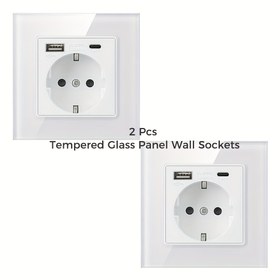 Resim 2'li/3'lü Paket Avrupa Standartı 86 Tip Duvar Priz, Standartı, Entegre USB+Type-C Çift Hızlı Şarj Portları, 5V/2.1A, PC/Temperli Cam Malzeme Seçenekleri, Tüm Dekor Stillerine Uygun Saf Beyaz Panel, 250V, İç Mekan Kullanımı İçin Temel 