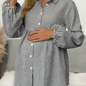 Resim Hamile Kadınlar için Ekose Desenli Puf Kollu Bluz - Geniş Kesim Düğmeli Gömlek, Makinede Yıkanabilir Esnemez Kumaş, İlkbahar Yaz Sonbahar Günlük Giyim, Hamilelik Giysileri, Rahat Stil, Konforlu Malzeme, Bekleyen Anneler İçin Üst 