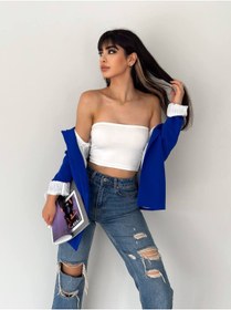 Resim han fashion Kadın Kruvaze Yaka Düğmesiz Cepli Astarlı Katlanabilir Kol Blazer Ceket Saks Mavisi 