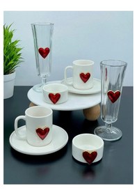 Resim 2 Kişilik Porselen Kalpli Fincan Takımı Seti Ve Bardak Ve Lokumlu 
