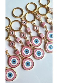 Resim Hediyelik 10'lu Büyük Nazar Boncuklu Pembe Anahtarlık Boyu 10,5 Cm 