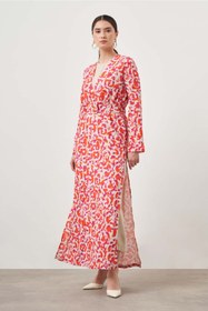 Resim Mizalle Kırmızı Desenli Uzun Kimono 2 li Takım 