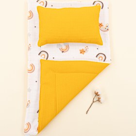 Resim Alt Açma Matı ve Yastık - Çift Taraflı - Hardal Petek - Turuncu Gökkuşağı 