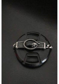 Resim Encili Silver 925 Ayar Gümüş Yılan Desenli Siyah Taşlı Model Erkek Bileklik Gümüş 