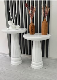 Resim ASELYA HOME Ahşap 2’li Set Mantar Yan Sehpa Modern Beyaz Renk Fiskos Zigon Çiçeklik Orta Sehpa 