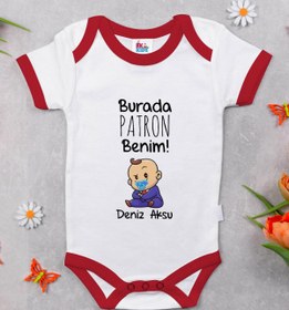 Resim BK Kids Kişiye Özel Burada Patron Benim Tasarımlı Kırmızı Bebek Body Zıbın-1 