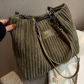 Resim Mükemmel Lili Kadın Korduroy Çanta - Şık Çizgili Tasarım ile Altın Tonlu Donanım, Sabit Omuz Askıları, Fermuar Kapatma, Dayanıklı Polyester Astar, Kahverengi, Beyaz, Yeşil, Siyah Renklerde Mevcut 