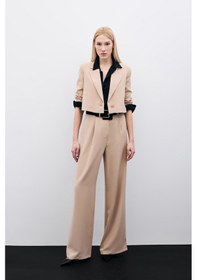 Resim Sateen Pileli Krep Pantolon - Bej 