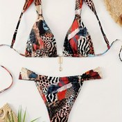 Resim Sevimli Leopar Desenli Bağcıklı Kontrast Bikini Takımı, Kadın Mayo 