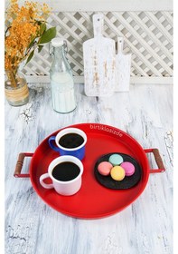 Resim Kitchen Trend Galvaniz Yuvarlak 37 Cm Ahşap Kulplu Kırmızı Tepsi 