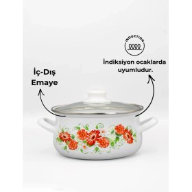 Resim Bonera 16cm Çiçek Desenli Tekli Cam Kapaklı Emaye Güveç Tencere 