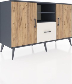 Resim Kronos Konsol 4 Raflı Tek Çekmeceli 2 Kapaklı 132x59x83 Antrasit-çam/aytaşı Çam/aytaşı 