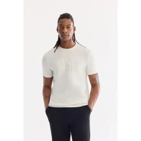 Resim AVVA Erkek Ekru Bisiklet Yaka Baskılı Bi-Stretch İnterlok Regular Fit T-shirt A61Y1068 