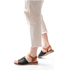 Resim 205-029 Siyah Ortopedik Hakiki Deri Kadın Sandalet Bej 