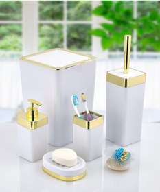 Resim GuvenliPazar 5 Parça Akrilik Gold Çizgi Banyo Takımı Kare Banyo Seti Beyaz 