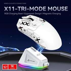 Resim ATTACK SHARK X11 Hafif Kablosuz RGB Şarjlı Oyun Faresi, Tri-Mod 2.4G/USB-C Kablolu/BT, 22K, PAW3311 Optik Sensör, HUYU Anahtar, PC/Mac için 5 Programlanabilir Tuş 