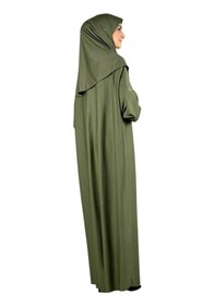 Resim Namaz Elbisesi Eşarp Seccade Tesbih Set, İslami Giyim Takım Ferace Turban Şal Haki 