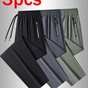 Resim 3 Adet Erkekler için Buzlu Sliky Fiber Nefes Alabilen Koşu Pantolonları - Hafif Soğutucu Bol Kesim Düz Paça Günlük Pantolon, Elastik Bel ve Cepli Yazlık Spor, Antrenman, Günlük Giysi (Siyah/Zeytin Yeşili/Gri), Dayanıklı Kumaş 