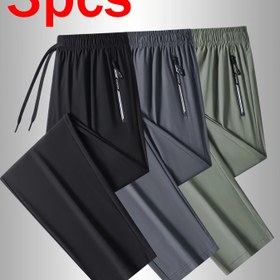Resim 3 Adet Erkekler için Buzlu Sliky Fiber Nefes Alabilen Koşu Pantolonları - Hafif Soğutucu Bol Kesim Düz Paça Günlük Pantolon, Elastik Bel ve Cepli Yazlık Spor, Antrenman, Günlük Giysi (Siyah/Zeytin Yeşili/Gri), Dayanıklı Kumaş 