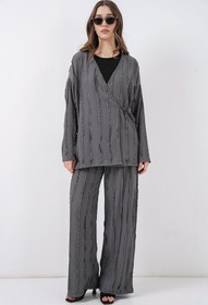 Resim Örme Kimono Pantolon İkili Takım 30067 - Gri - Laci̇vert / 42 