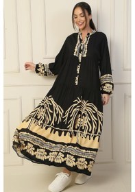 Resim By Saygı Önü Yarım Düğmeli Kolu Lastikli Empirme Tesettür Uzun Elbise-36232-camel Camel 