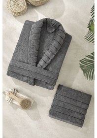 Resim Pamuklu Havlu Ve Bornoz 2 Li Set Antrasit Antrasit Antrasit Gri 