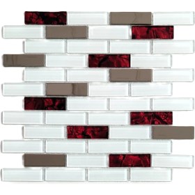 Resim MozaiKristaL Mutfak Tezgah Arası 23X73X4MM. Beyaz-Gümüş Krom, Sedefli Bordo, 30X30CM. Fileli Kristal Cam Mozaik. ( 1 Kutu = 1 M2 Fiyatıdır ) 