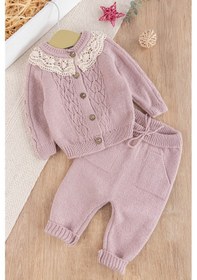Resim Dantel Yakalı Triko Kız Bebek Hırka Pantolon Takım Triko Bebek Seti 001 