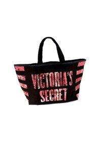 Resim Victoria's Secret Vs Pembe Pullu Payet İşlemeli Kadın Büyük Boy Çıt Çıt Kapamalı Plaj Çantası Pembe - Siyah 