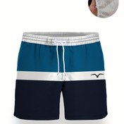 Resim Erkekler için Yaz Hawaii Temalı Hızlı Kuruyan Şortlar, Bağcıklı Bel ve Yan Cep Detaylı - Mavi, Beyaz ve Siyah Renk Blok Tasarımı, Polyester Malzeme, Plaj ve Havuz için İdeal, Rahat Plaj Giyim|Trendy Şortlar|Polyester Şortlar 