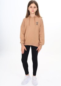 Resim Toontoy Kids Toontoy Kız Çocuk 2'li Takım Baskılı Kapüşonlu Düşük Omuz Sweatshirt & Basic Düz Tayt Kahverengi 