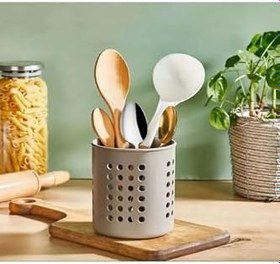 Resim Bej Silindir Kaşıklık Tezgah Üstü Servis Standı Dik Kaşıklık Düzenleyici Kepçe Kevgir Standı 