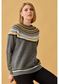 Resim Desen Triko Kadın Sıfır Yaka İşleme Desenli Yün Kazak 0242086 Füm Füme 