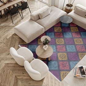 Resim Mor Geometrik Modern Geometrik Etnik Eskitme Desenli Boho Makinada Yıkanabilir Hafif Hav Toz Vermez Leke Tutmaz Kaymaz Taban Dijital Makine Baskı Halı Oturma Odası Salon Yolluk Koridor Mutfak Halısı 